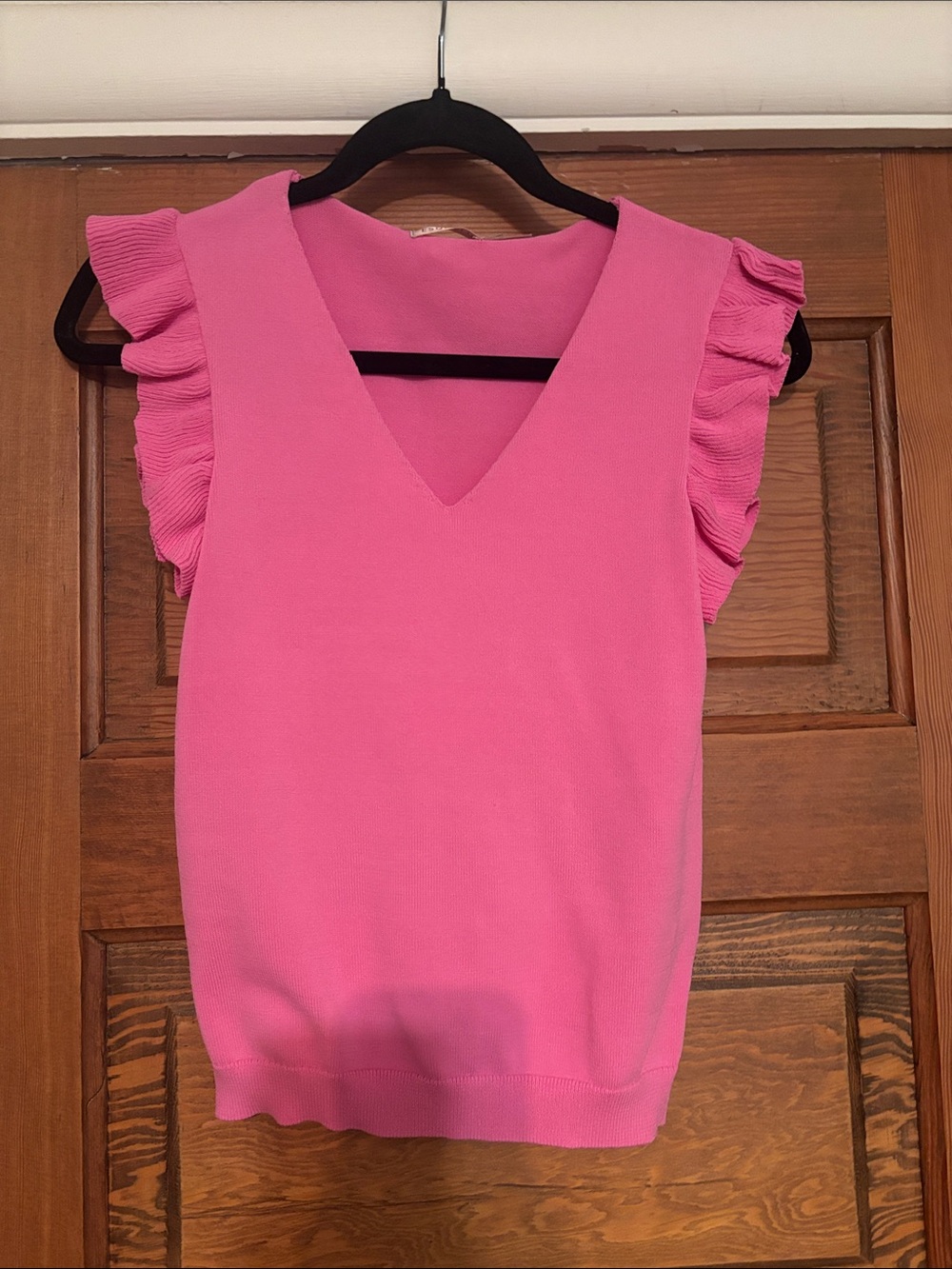 Sleeveless Ruffle-Shoulder V-Neck Top - Pink. Fits like X- small